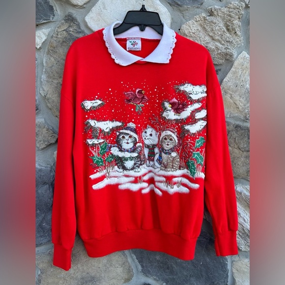 Red Cat Sweater Size L Winter Holiday Kittens Glitter Cat Lover Cat Lady Cottage - Picture 1 of 6